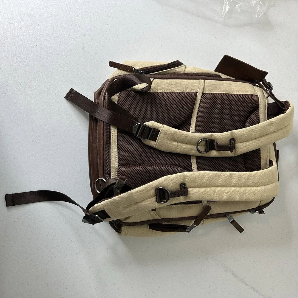 Renwick Backpack Canvas Leather Trim RFID Blocker Laptop Pocket Padded Beige 15